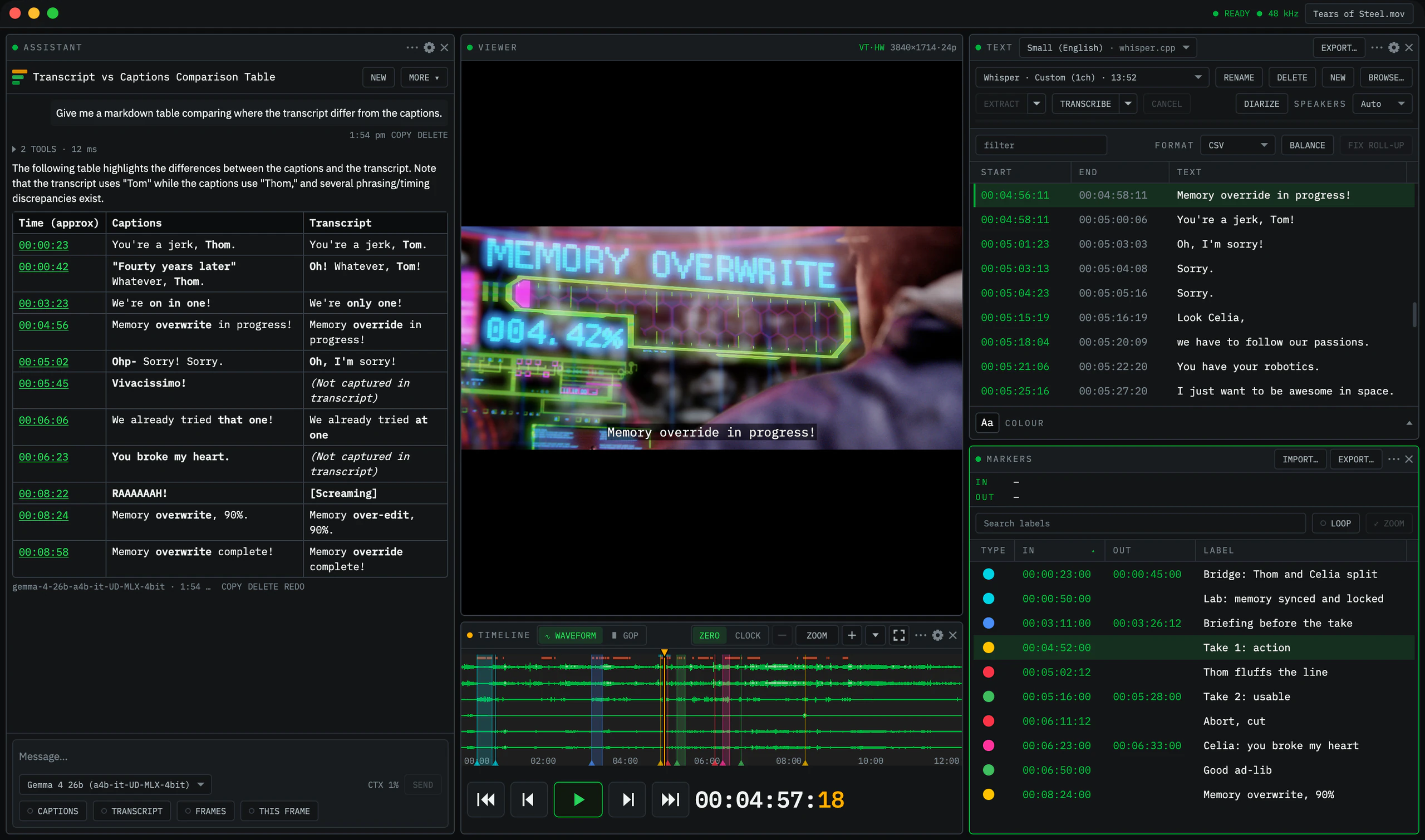 QueueSee with the Markers panel listing ten colour-coded point and range markers synchronised with the Timeline, alongside the Assistant panel comparing captions against the transcript.