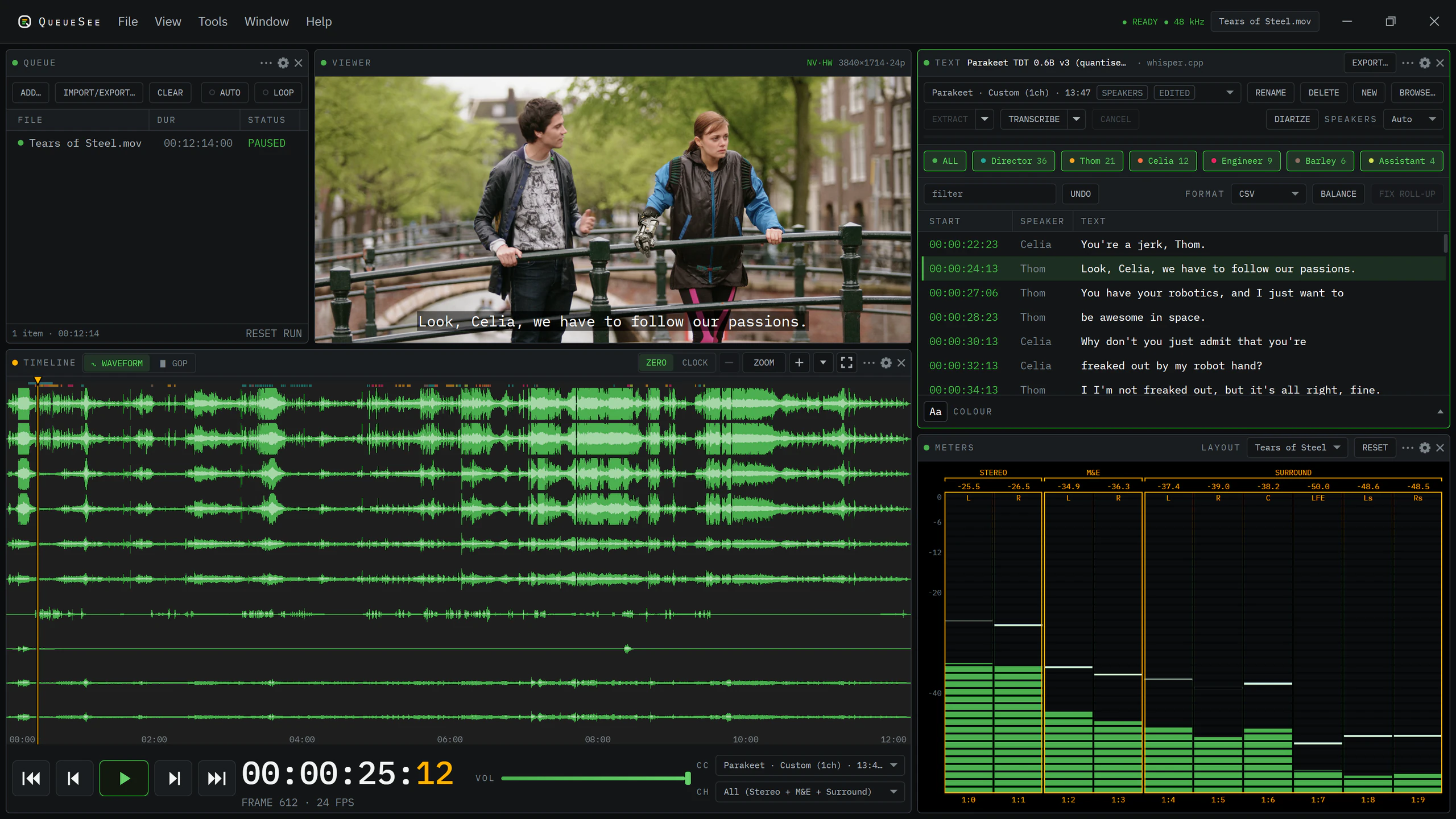 QueueSee with the Text panel open to a time-coded transcript labelled by speaker (Celia and Thom), highlighting the current line while the matching subtitle appears over the video.